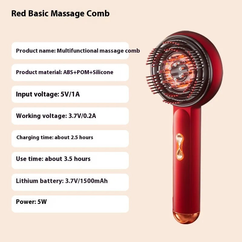 A handheld red and blue light therapy massage hair comb with a plastic body and Type-C charging port.