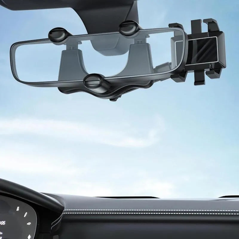 Black rearview mirror phone holder showing 360-degree rotation and telescopic arm extension