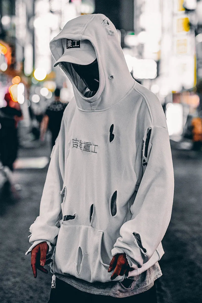 White loose ripped hoodie for men with hooded collar and distressed holes, autumn casual wear