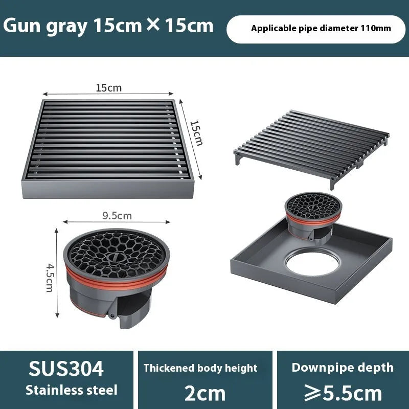Gun grey 304 stainless steel courtyard floor drain with a square 15x15 cm plastic core.