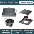 Gun grey 304 stainless steel courtyard floor drain with a square 15x15 cm plastic core.