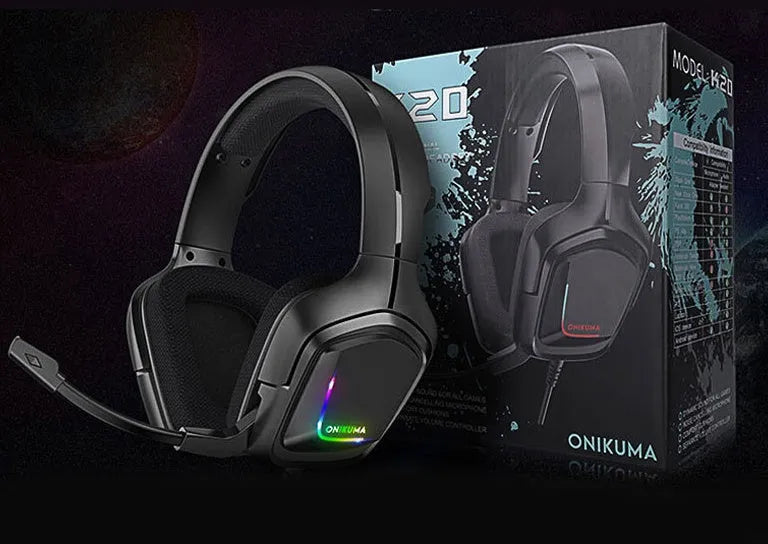 K20 RGB luminous wired gaming headset with cloth earmuffs and braided cable in camouflage grey.