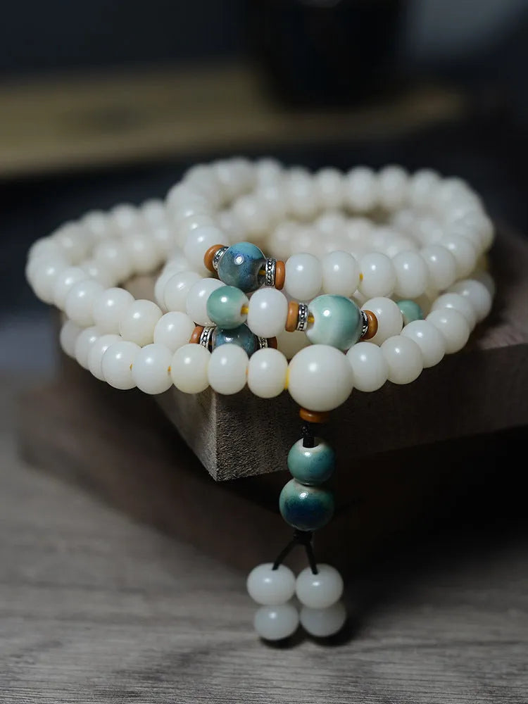 White jade Bodhi seed bracelet with 108 flat round beads in unisex national style