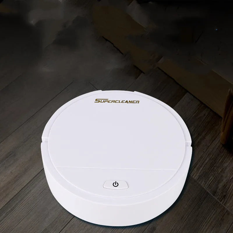Black, red, and white intelligent robotic floor sweeper with sweeping brushes and suction intake.