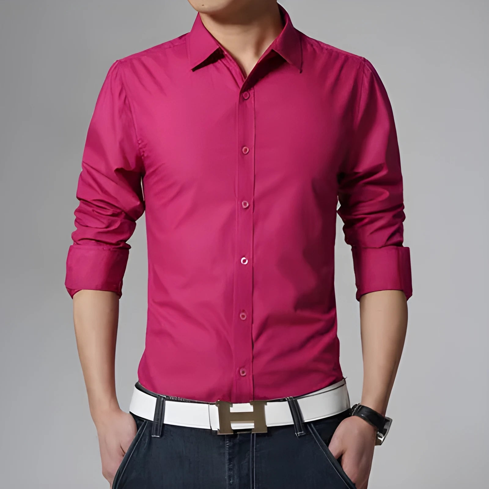 Men's cotton long sleeve formal dress shirt in black with spread collar
