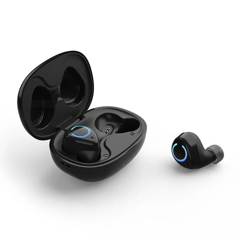 Black and white M18 true wireless in-ear stereo headphones with Bluetooth 5.0 shown with charging case