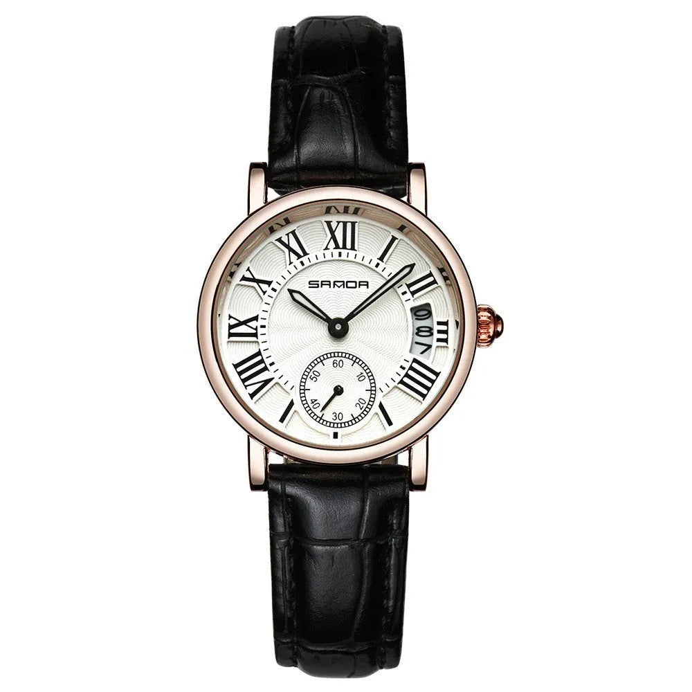 Women's waterproof quartz watch with round 32mm dial, leather strap, and onion crown
