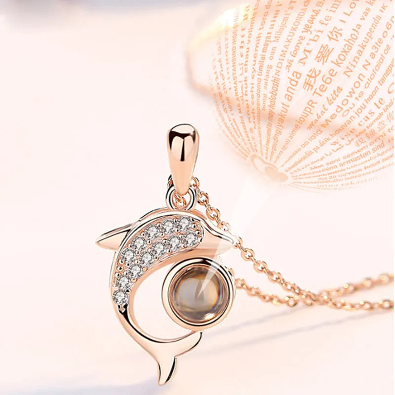I Love You necklace with zircon pendant in silver, 100 languages design, chain length 40+5 cm