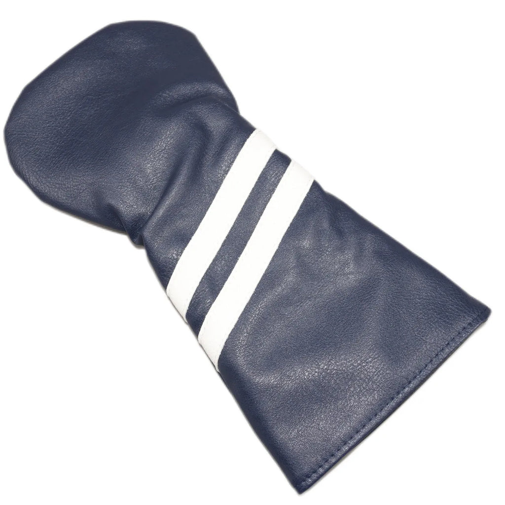 Golf wood club head cover with two oblique stripes, shown in blue, with size options large, medium, and small.