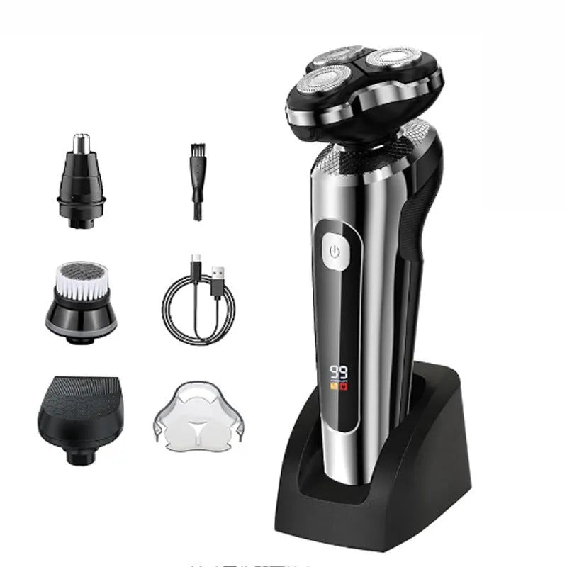 Digital display USB rechargeable beard trimmer with floating cutter head on five-in-one base bracket