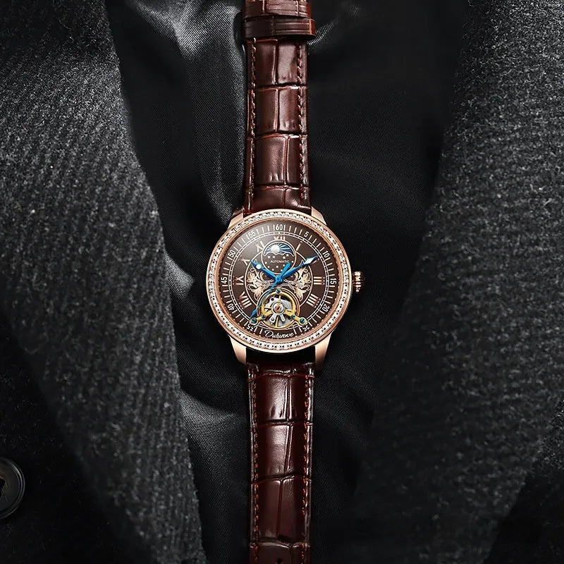 Men's mechanical waterproof watch with transparent case back showing movement and stainless steel butterfly buckle