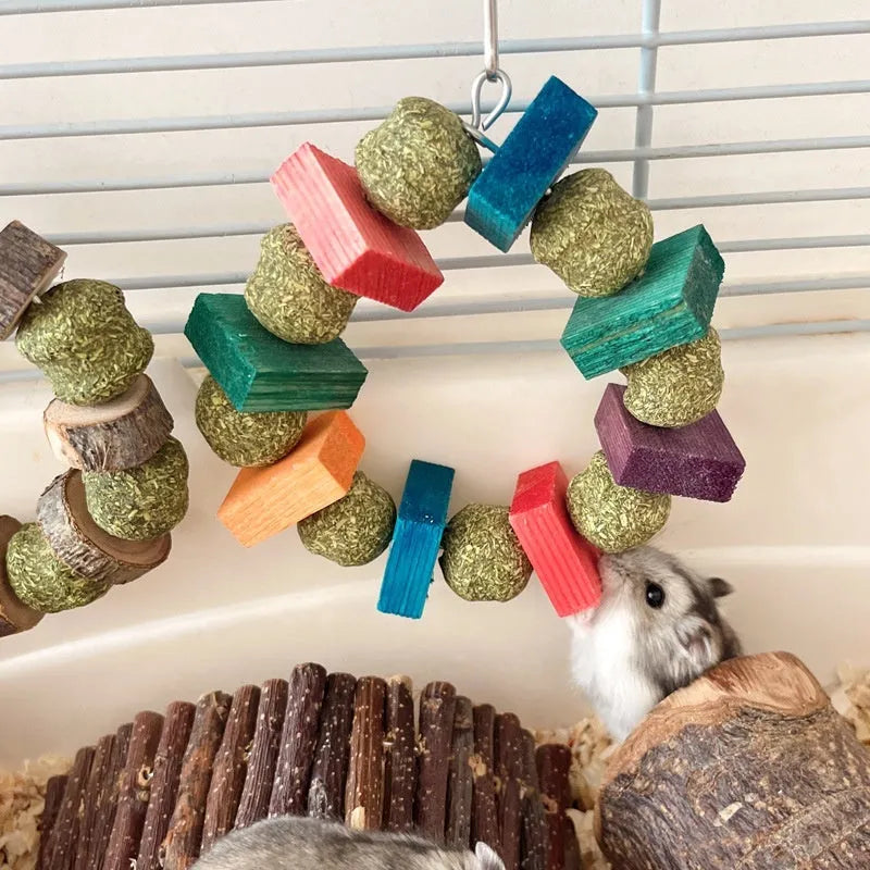 Hamster chew toy with colourful straw balls on ring and applewood molar rod