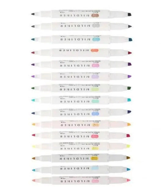 Five Zebra Mildliner double-sided highlighters with softly-coloured water-based ink, chisel and fine bullet tips, in a set