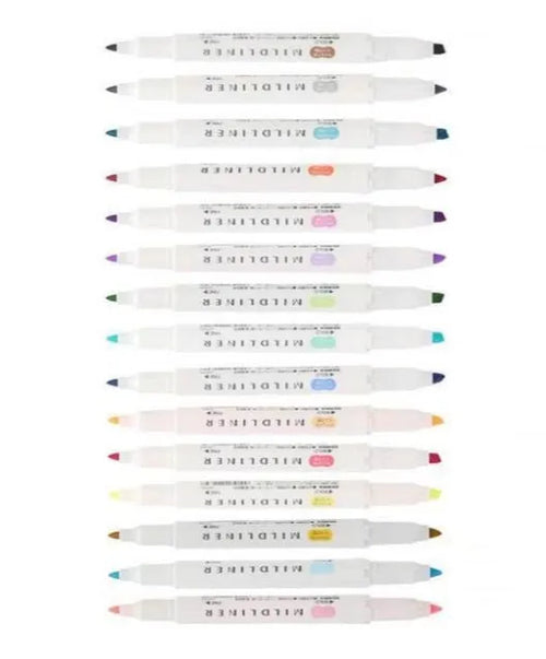 Five Zebra Mildliner double-sided highlighters with softly-coloured water-based ink, chisel and fine bullet tips, in a set
