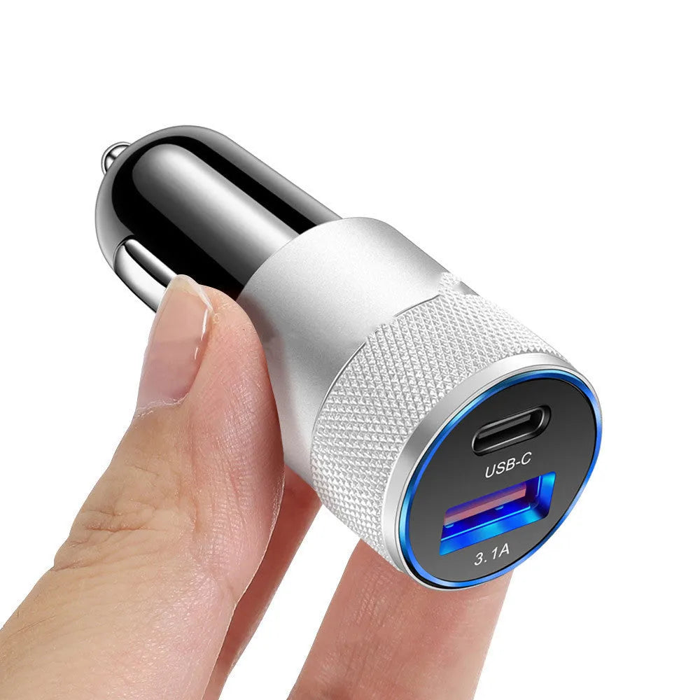 Aluminium alloy mobile phone car charger showing compact 2.5cm by 6cm dimensions