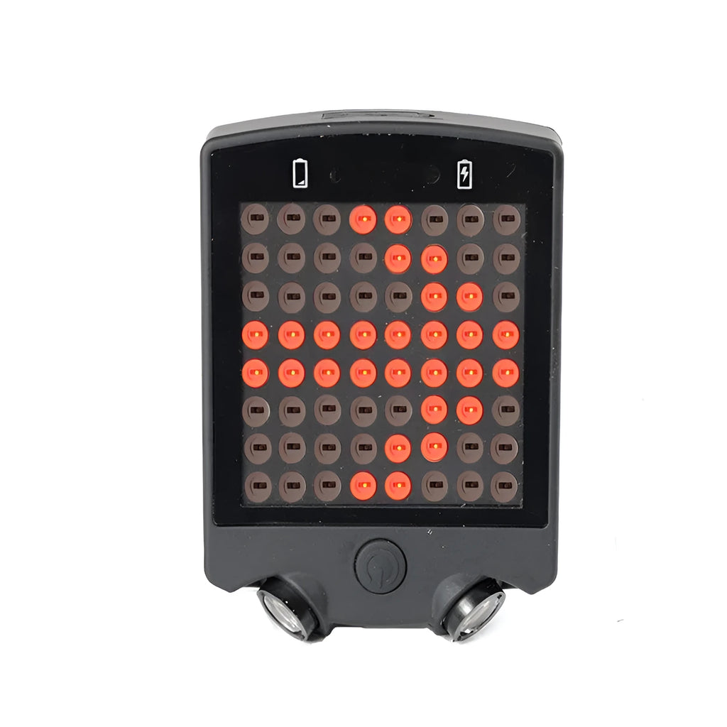 Black LED bicycle turn signal unit with dot matrix display and laser line, wireless remote control, on a bicycle seatpost