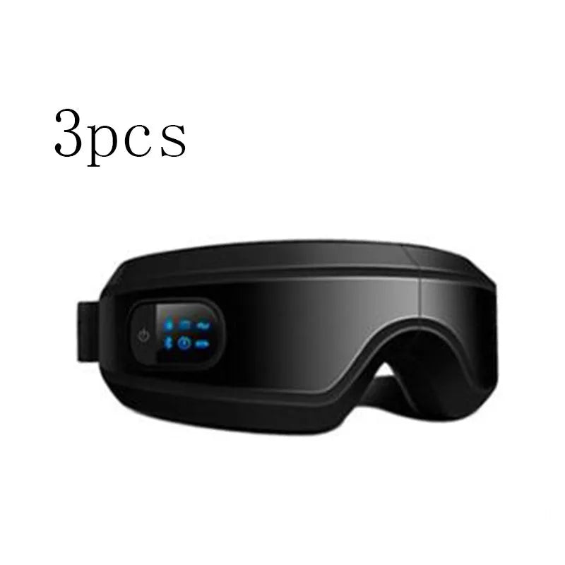 Black rechargeable eye massager with LCD screen, adjustable headband, and Bluetooth music player showing air pressure and hot compress functions