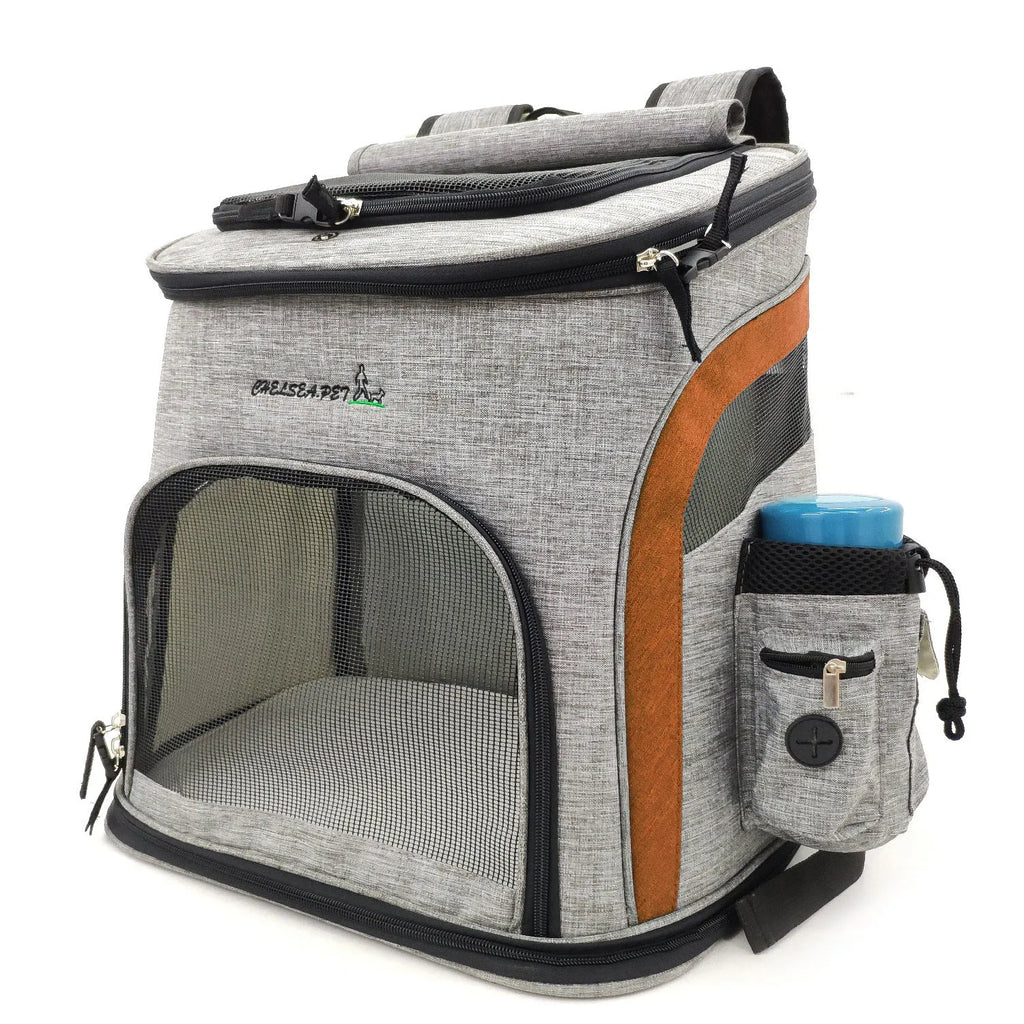 Breathable nylon pet backpack for pets up to 20 kg in grey colour with medium-to-hard structure