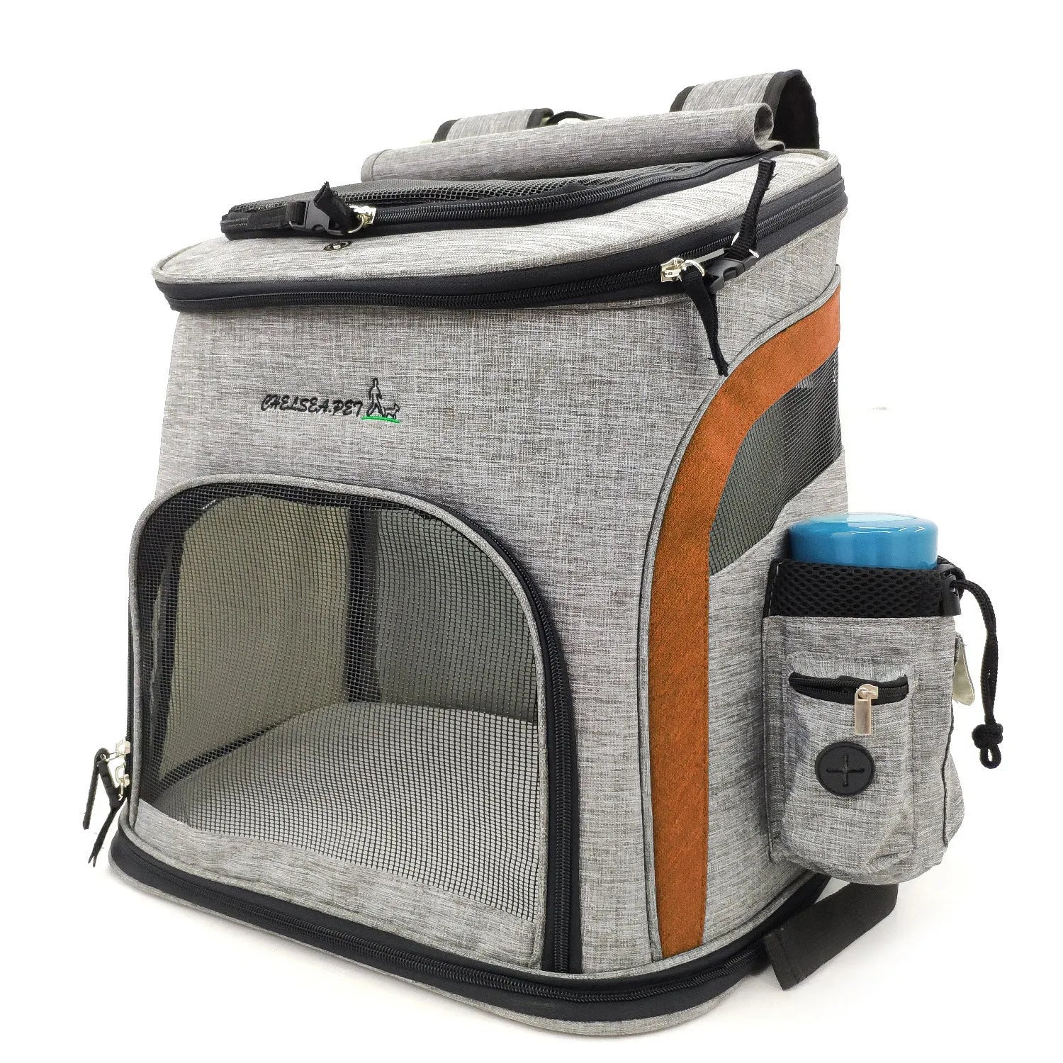 Breathable nylon pet backpack for pets up to 20 kg in grey colour with medium-to-hard structure