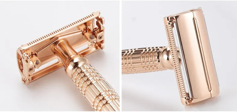 Rose gold chrome plated double edge safety razor with butterfly head in travel storage box with mirror