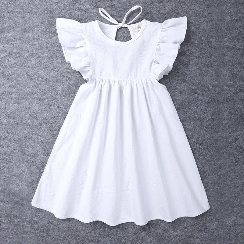 Girls' cotton summer dress with lotus leaf skirt in green and white plain design for children 100-140cm