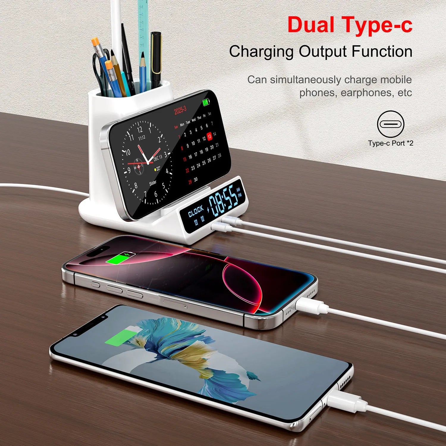 Modern desk lamp with wireless charging pad, pen holder compartments, and storage box