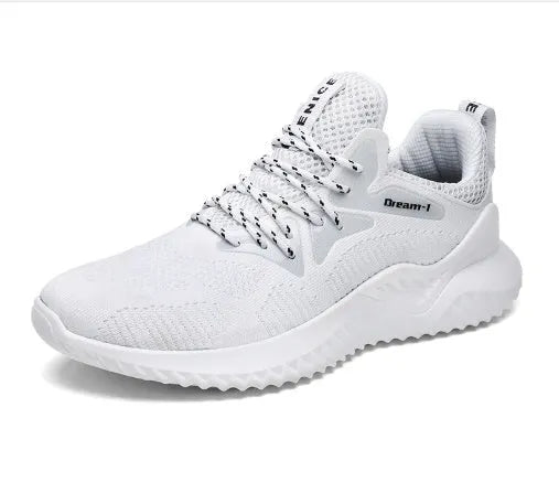 Men's low-top breathable running shoes in red with mesh upper and white MD sole on a plain background.