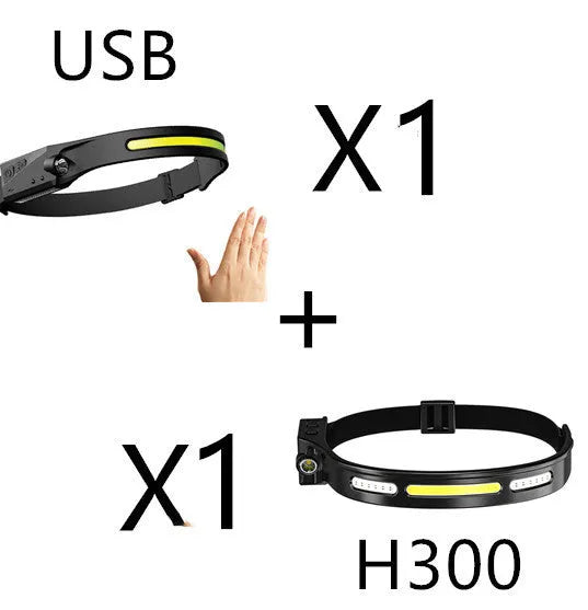 COB LED induction headlamp with wide beam and side LED for long-distance lighting, USB rechargeable, silicone build