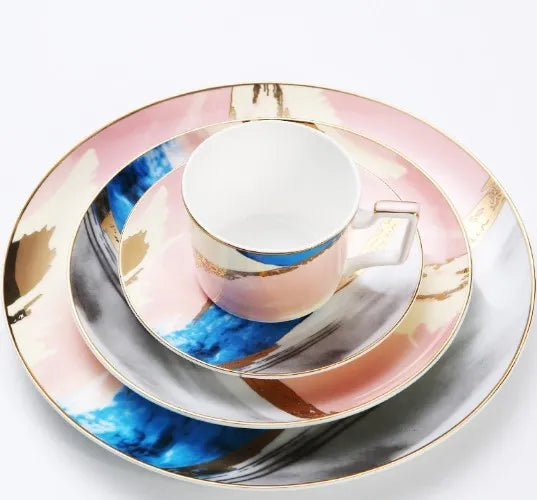 Watercolour dessert plate with real gold edge, 10.5 inch bone china porcelain, pink colour