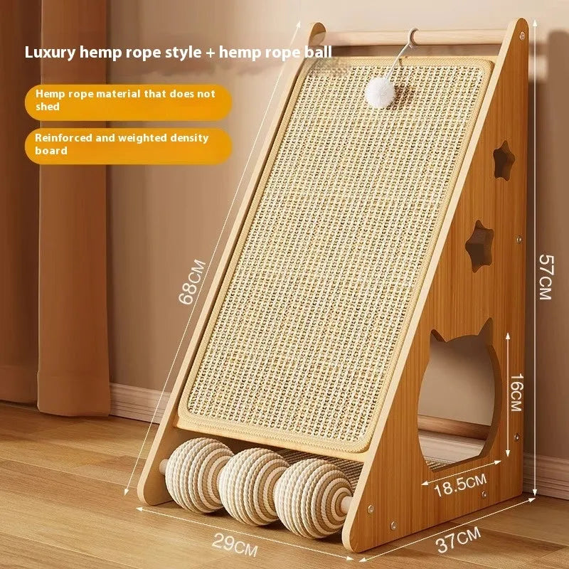 Vertical cat scratch board with hemp rope surface and cat teasing ball design