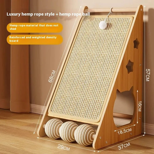 Vertical cat scratch board with hemp rope surface and cat teasing ball design