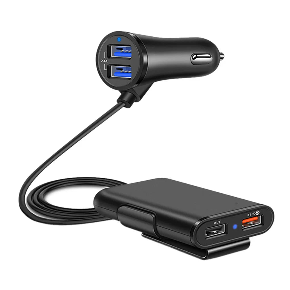 Black plastic fast charge car charger with QC3.0 and dual USB ports, blue LED on charger and white on extender