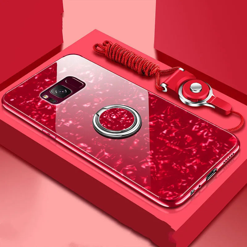 Tempered glass phone case in black, pink, red, or white for Samsung S8 and S9.