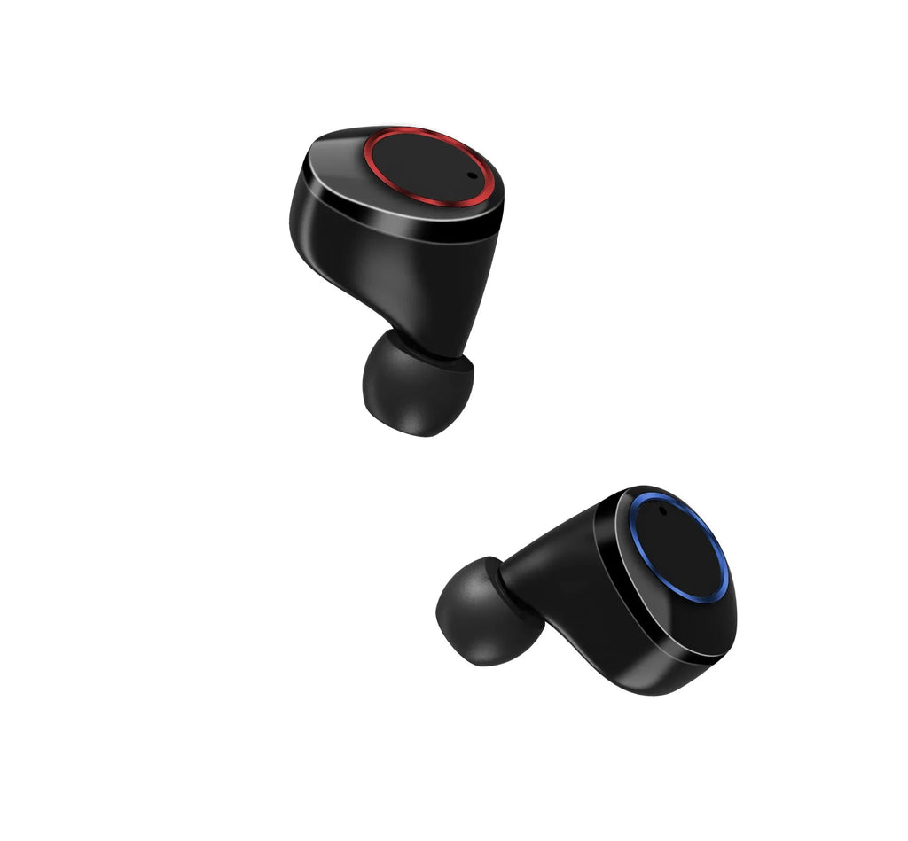 X11 black wireless Bluetooth earphones and charging case with silicone ear tips.