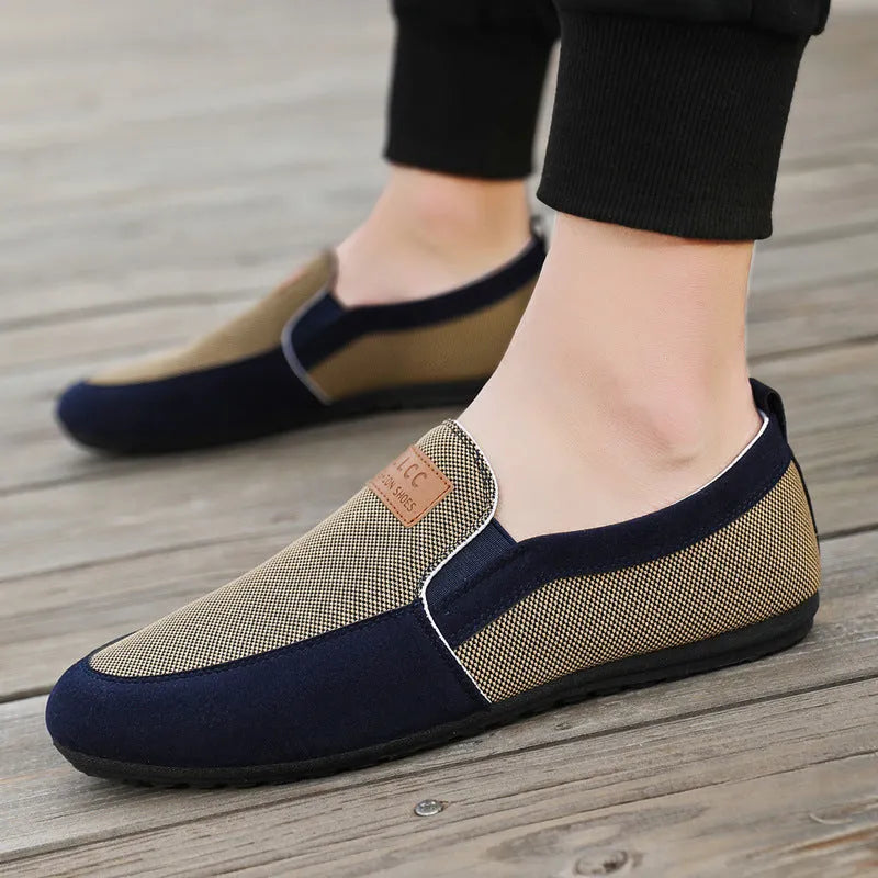 Men's grey and khaki canvas casual shoes with round toe design and rubber soles