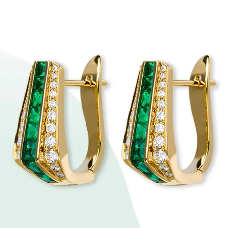 Women's geometric faux emerald clip-on earrings with round triangle design, inlaid zircon, yellow gold copper finish