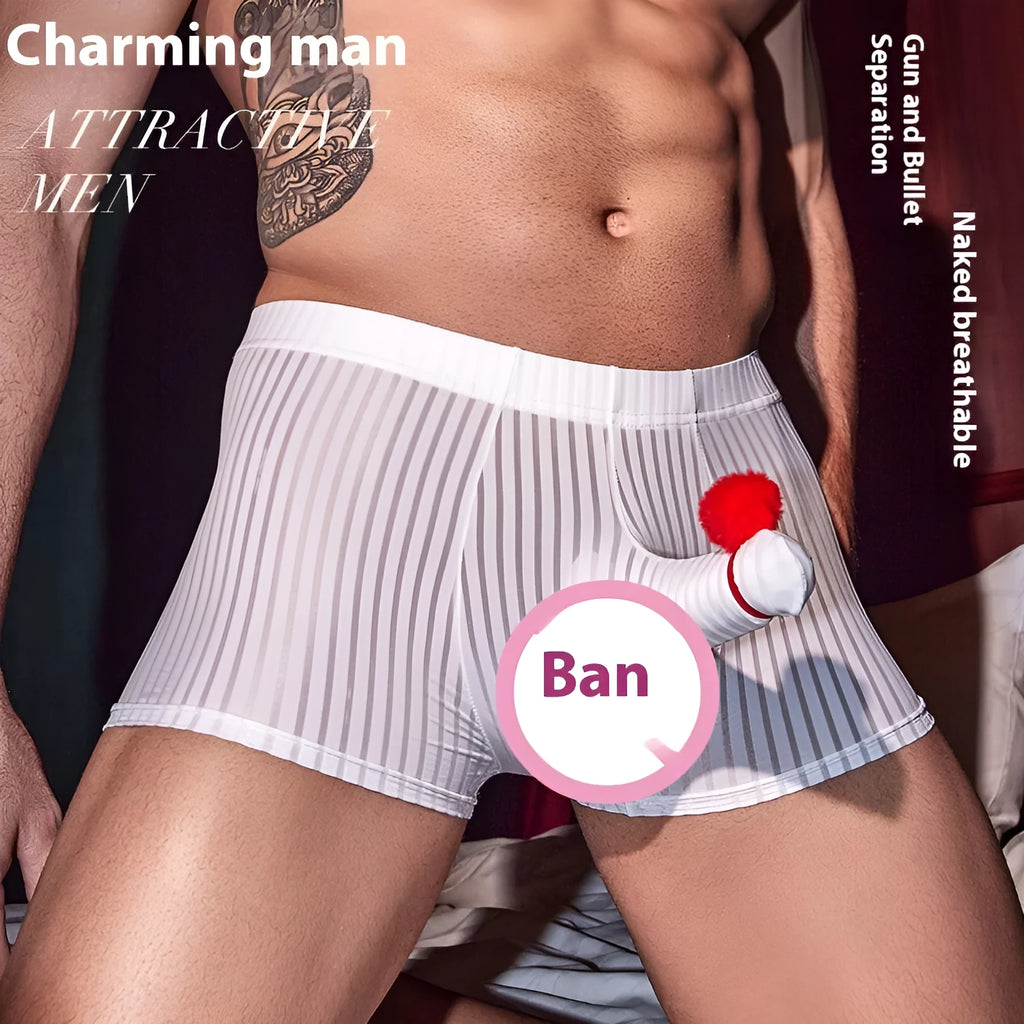 Men's striped boxer briefs in black, white and dark grey nylon with high elastic free size fit