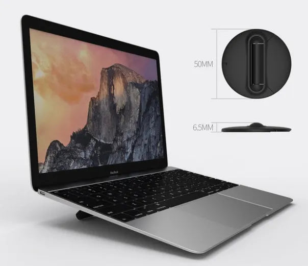 Black ABS mini laptop stand, 50x50x6.5mm, portable invisible design