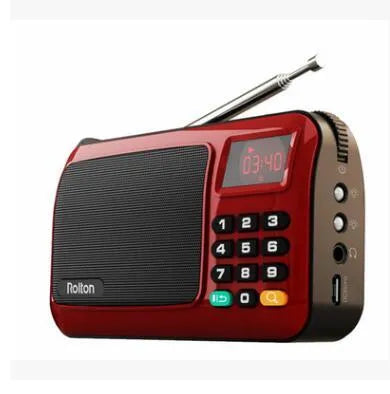 Rolton W405 portable FM radio and MP3 speaker in blue, showing LED screen and compact size