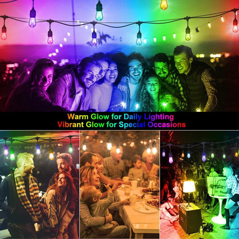 15m RGBW LED string lights with 15 Edison bulbs for outdoor garden patio use