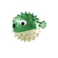 Yellow fish-shaped vinyl dog chew toy with textured surface for teeth cleaning.