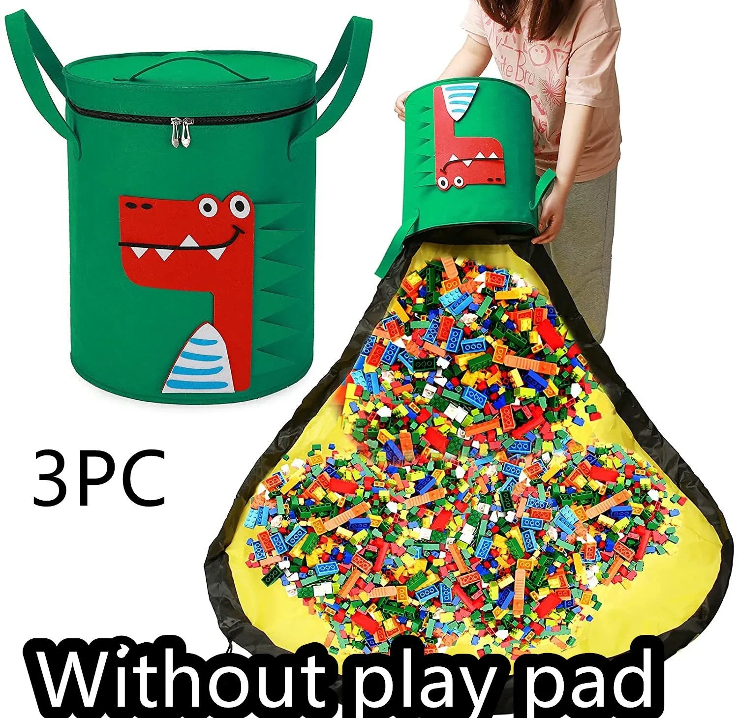 Green felt storage bag cinched closed with pull rope, shown next to it laid flat as a play mat