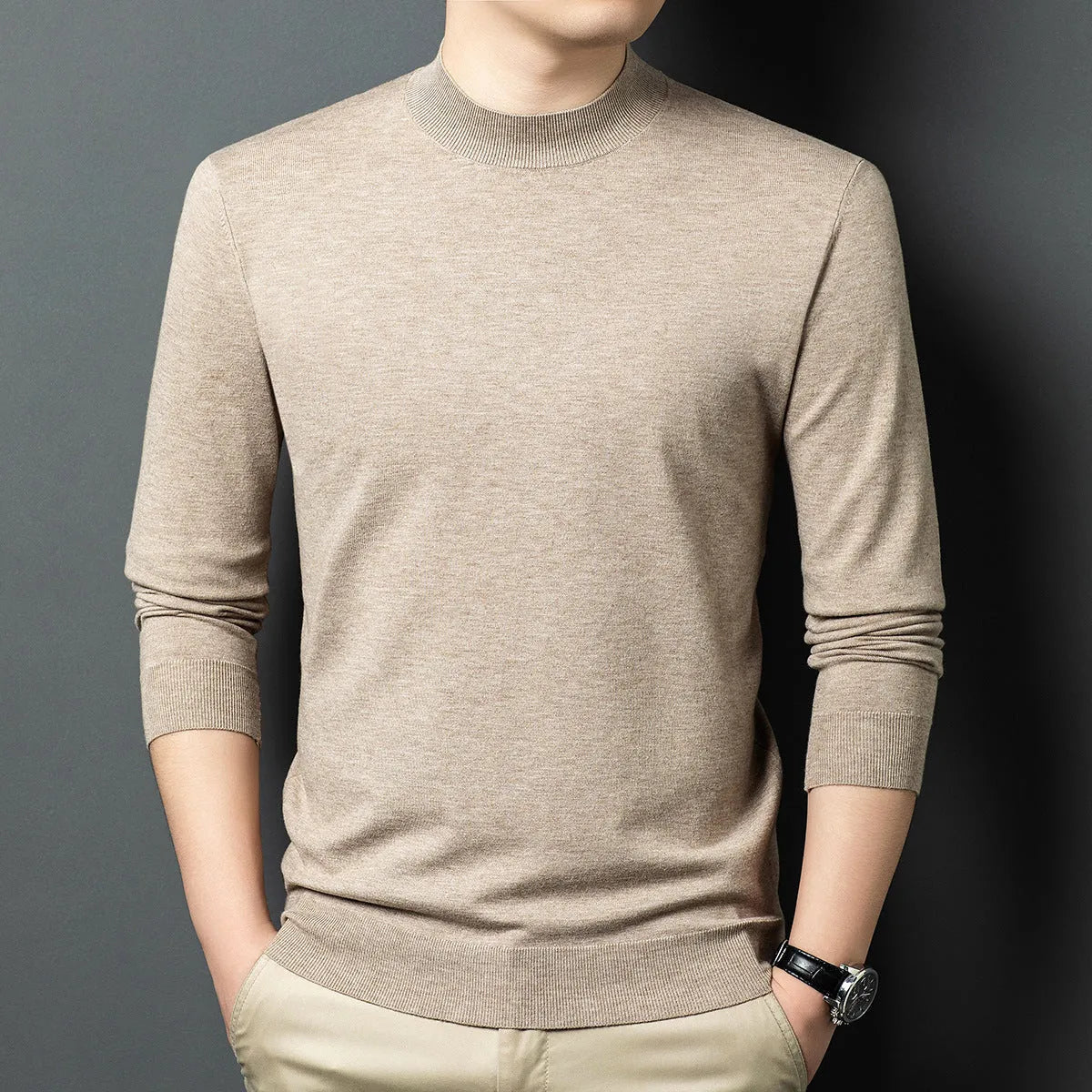 Men's round neck long sleeve wool sweater in a pullover style for winter.