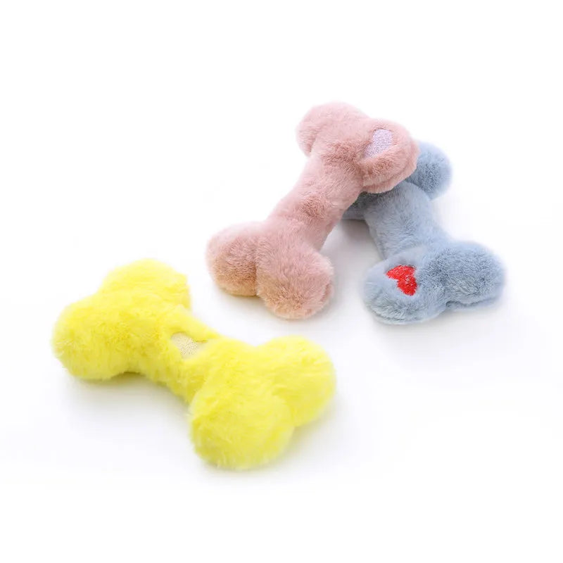 Blue plush love bone dog toy with a vocal element for interactive chewing and play.