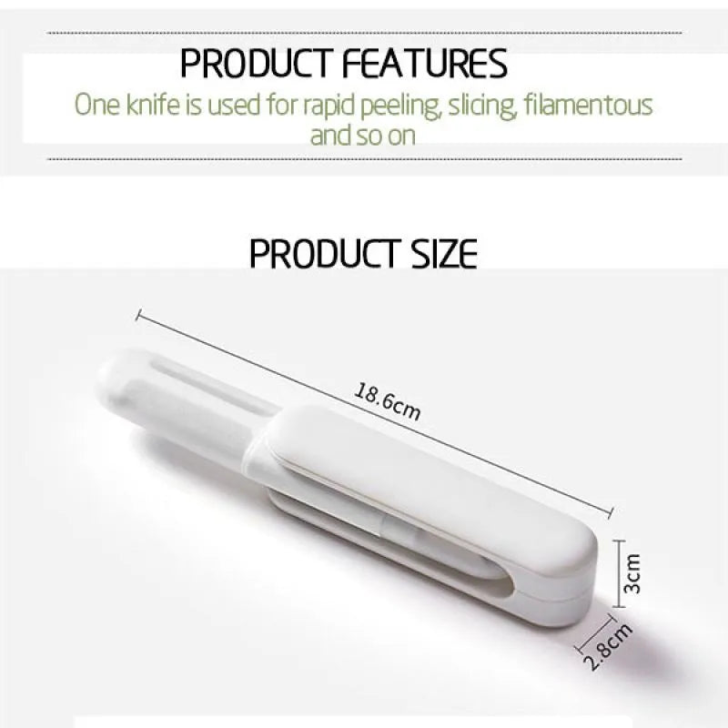 White 3 in 1 rotary paring knife with 360 degree rotating stainless steel blade on a kitchen counter