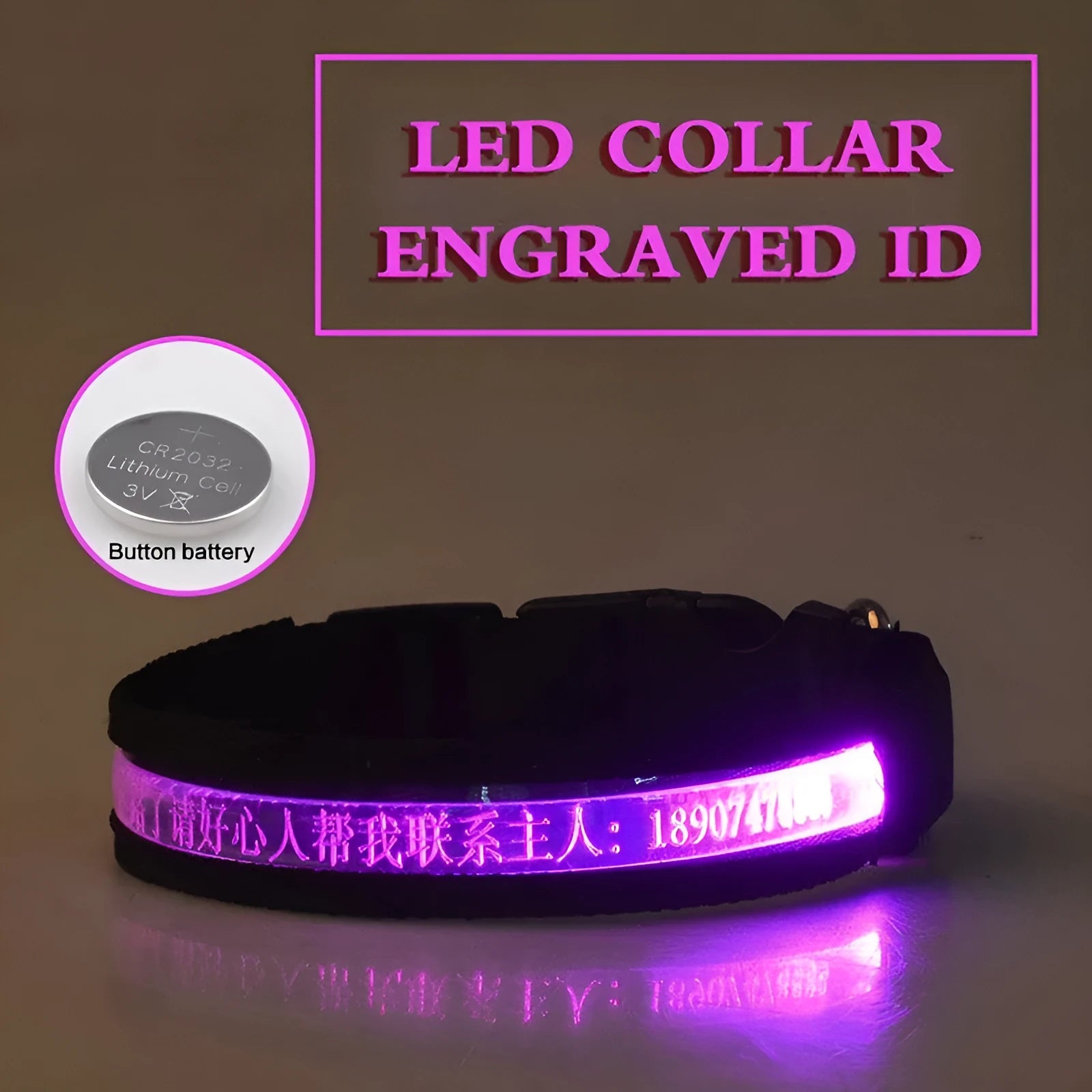 Pet glow collar with radium carved lettering in multiple colours and sizes for dogs