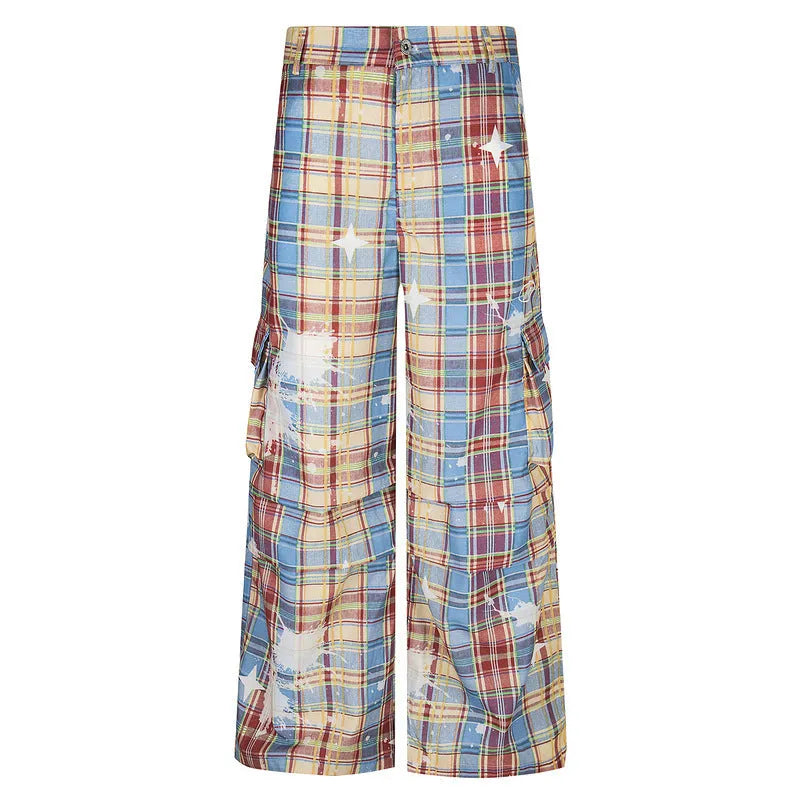 Men's blue retro plaid loose straight-leg casual trousers with mid waist