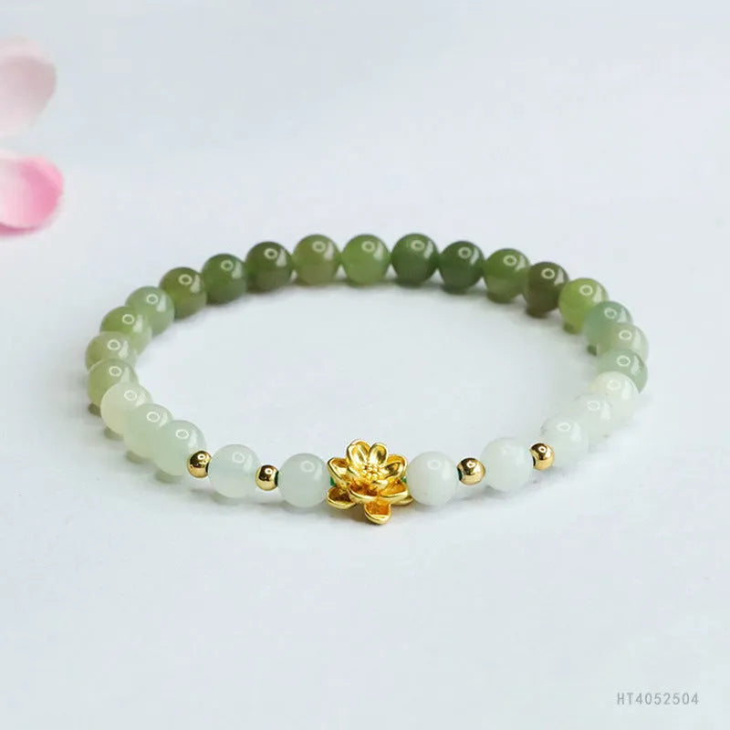 Hand-woven national style bracelet with natural Hetian jade gradient beads in floral pattern design