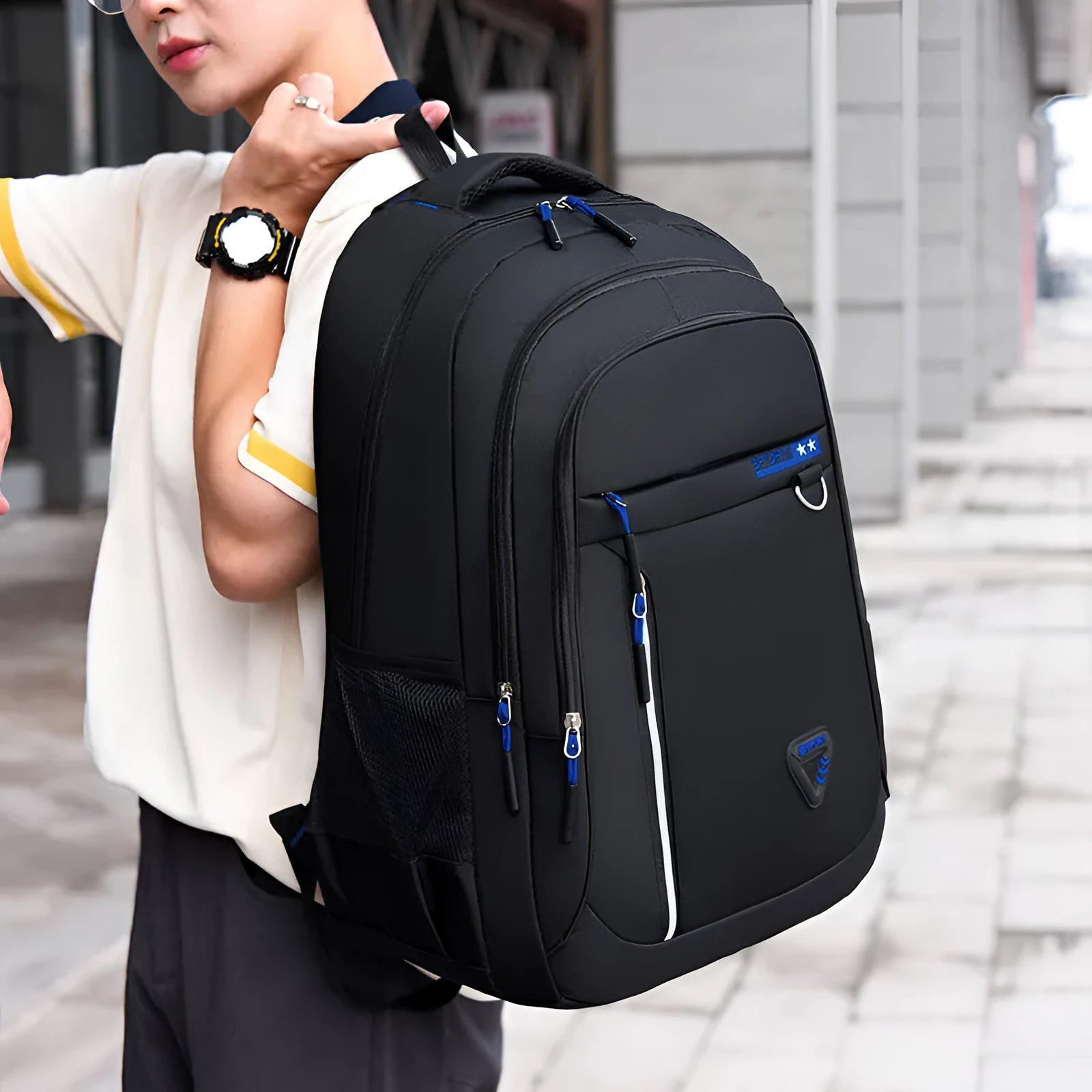 Men's Oxford cloth schoolbag in black with letter pattern and air pillow belt system