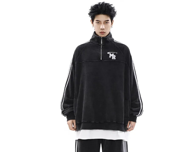 Black retro Hong Kong style hoodie with stand collar and long sleeves for casual sports wear